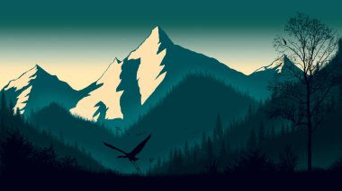 Birdsland dağları ve tepeleri resmediyor. Uçan kuşlar uçan ağaçlar. Balıkçıl kuşları mavi renkli düz çizimler yapıyor.