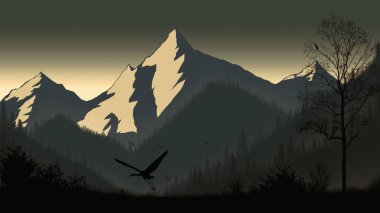 Akşamları dağların, tepelerin, ağaçların ve kuşların manzarası.
