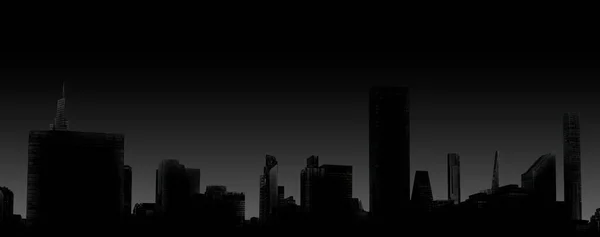 Silhouette Von Wolkenkratzern Auf Dunklem Hintergrund Stadtbild Moderne Stadt Auf — Stockfoto