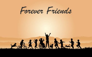 Sonsuza kadar arkadaşız çocuklar köpek kedi silueti illüstrasyon poster afişi hediye kartı kapağı