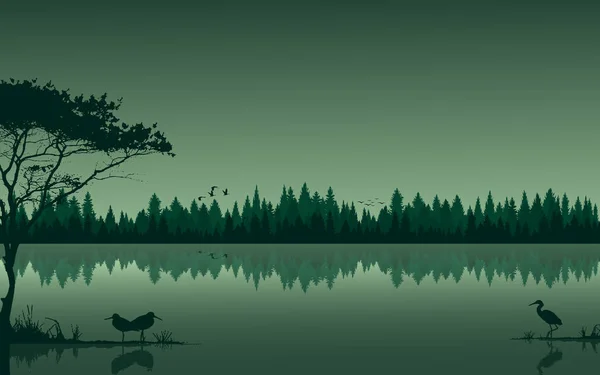 Mokřady Krajiny Pozadí Realistický Vektor Ilustrace Jezerem Řeka Ptáci Létání — Stockový vektor