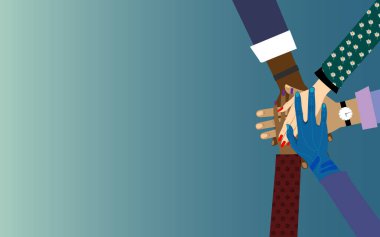 Çeşitli gönüllülerden oluşan ekip çalışması kollarını bir araya getirdi. Güçlü bir güven dostluğu topluma eşitlik kavramını kavramada yardımcı oldu. Poster afişi için düz çizgi film el çizimi çizimi çizimleri.