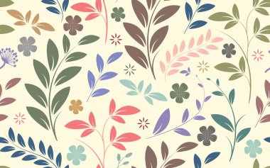 Renkli çiçeksiz desenli botanik yapraklı çiçekler dekoratif minimalist kumaş dokusu duvar kağıdı yeni vektör arkaplan baskısı