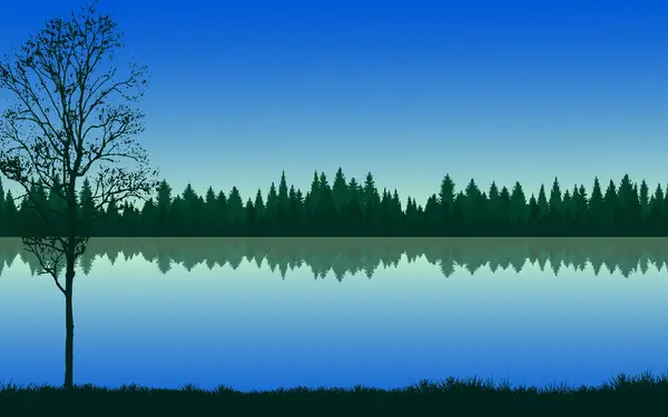 River landscape lake woods birds flying background  vector illustration background wallpaper
