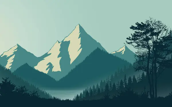 Dağ manzaralı orman manzaralı arka plan poster duvar kağıtlı orman ağaçları sis bulutu güzel doğa manzarası illüstrasyonu