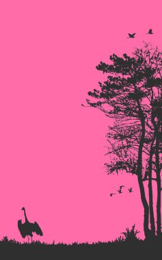 Sahne kitabı siluet vektör arkaplan kitap duvar resimleri poster kuşları güzel doğa manzarası illüstrasyonları.