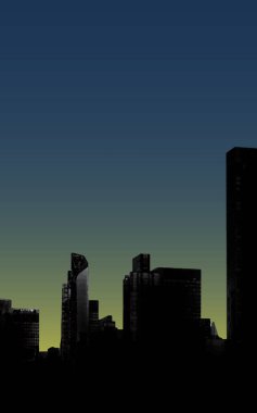 Şehir manzarası gece aydınlığı manzara kitabı kapak portre arka plan illüstrasyon siyah siluet web arkapağı poster kapağı