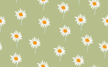 Çiçekli papatya çiçeği, dikdörtgen desensiz, eski yeşil renkli, tekstil kumaş, kağıt baskı, arka plan deseni, beyaz süs çiçeği deseni.