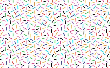 Renkli taneler, harika soyut çörekler, tatlı konfeti, dikişsiz desen, geometrik mikroplar, gökkuşağı doğum günü partisi pastası, dondurma, tatlı süslemesi, moda vektör dokusu.