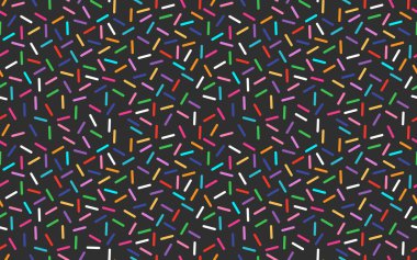 Renkli taneler, soyut çörekler, tatlı konfeti, dikişsiz siyah arka plan temalı karanlık tema, geometrik yaratıcı mikroplar, gökkuşağı doğum günü partisi pastası, dondurma, tatlı süslemesi, moda vektör dokusu.