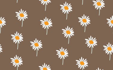 Çiçekli papatya çiçeği, dikişsiz eski toprak kahve rengi retro stil tekstil kumaş kağıt baskı vektör arka plan dokusu beyaz süs çiçeği tasarımı