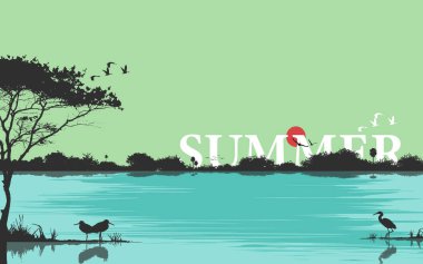Yaz doğası manzara vektörü illüstrasyonu güzel manzaraları avlamak nehir gölü gökyüzü kuşları yansıtıyor yatay sulak alanlar duvar kağıtları poster kaplaması