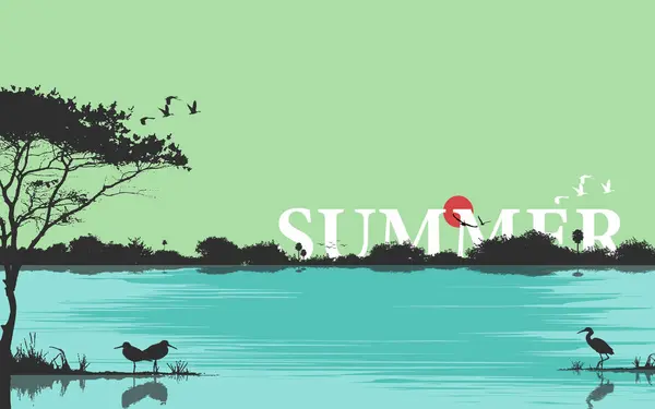 Yaz doğası manzara vektörü illüstrasyonu güzel manzaraları avlamak nehir gölü gökyüzü kuşları yansıtıyor yatay sulak alanlar duvar kağıtları poster kaplaması