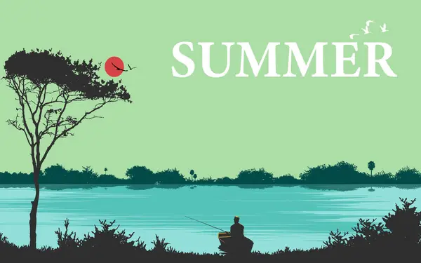 Yaz doğası manzara vektörü illüstrasyonu güzel manzaraları avlamak nehir gölü gökyüzü kuşların yatay duvar kağıdı posterini yansıtıyor