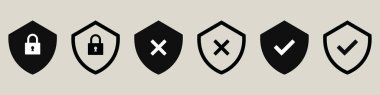 Shield icon lock privacy icon symbol security protection check mark tick sign firewall private valid unvalid secure vector icon illustration defance access locked computer account denied clipart