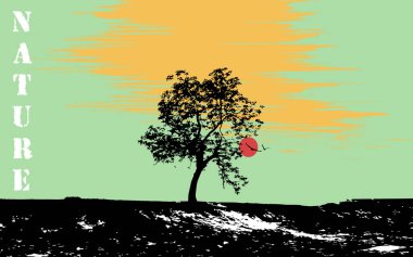 Doğa manzarası gün doğumu yaz mevsimi renkli vektör çizimi siluet ağaçlar kuşlar güneş gökyüzü renk vintage duvar kağıdı poster örtüsü