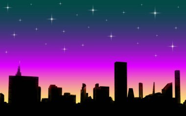 Cityscape gece aydınlığı manzara vektör illüstrasyonu siluet ağ arkaplan bekarlık faşizmi poster kapağı duvar kağıdı gökyüzü yıldızları