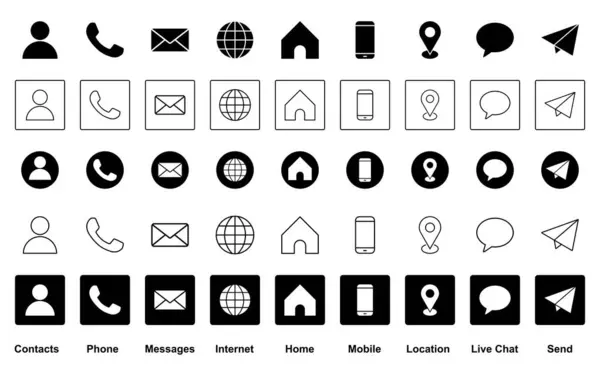 Simge ayarlı telefon, kişi, ağ, ev, e-posta, konum, gönderim, paylaşım, sohbet, mesaj, telefon, tarayıcı, adres, mobil, iletişim düzenlenebilir vektör koleksiyonu