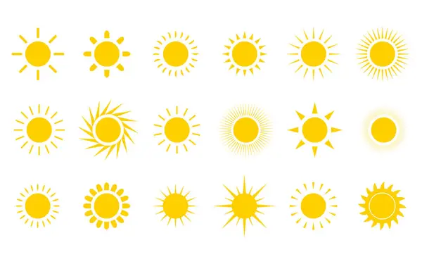 Güneş ikonu, sarı güneş ya da yıldız simgeleri siluet şekilli yuvarlak güneşli yaz güneşi gökyüzü soyut sanat koleksiyonu