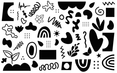 Soyut karalama şekli el dekoru renkli organik çocuk siyah beyaz karalama geometrik siluet elementleri koleksiyonu