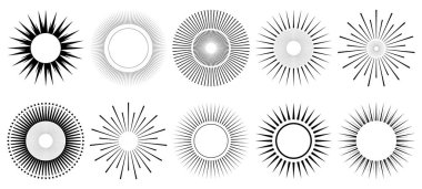 Güneş patlaması ikonu koleksiyonu siyah yıldız simgeleri siluet şekil dairesi güneşli yaz güneşi gökyüzü soyut sanat