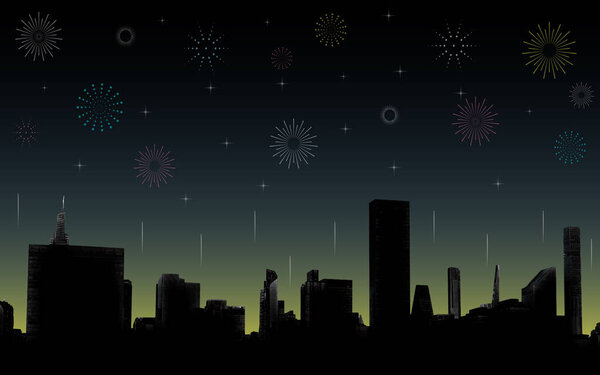 Fireworks display cityscape festive new year celebration summer curnival night silhouette background explosion event decoration city landscape celebrate