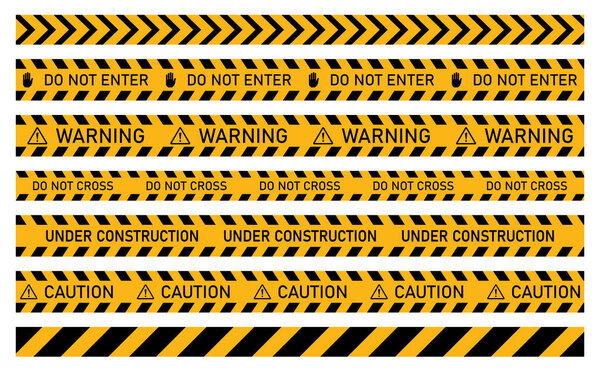 Warning, Do not cross, Caution, Under construction barrier tape collection sign for web site road working security attention black text on transparent background