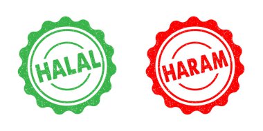 Halal Haram food green red ink rubber stamp seal badge grunge effect tag vignette permited or prohibited food goods products islamic finance business clipart