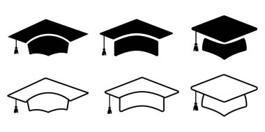 Mezuniyet şapkası ikonu vuruşu ouline siyah düğmeler öğrenci eğitimi akademik dönüm noktası resimleme