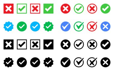 İşaret simgesi onaylanmış rozet simgesi onaylanmış düğme seti kutucuğu doğru yanlış düğmeler evet işaretli kırmızı haç işareti yok yeşil kene