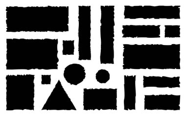 Grunge etkisi yırtık kağıt pürüzlü sayfa şekilli siyah daire dikdörtgen siluet vektör çizimi