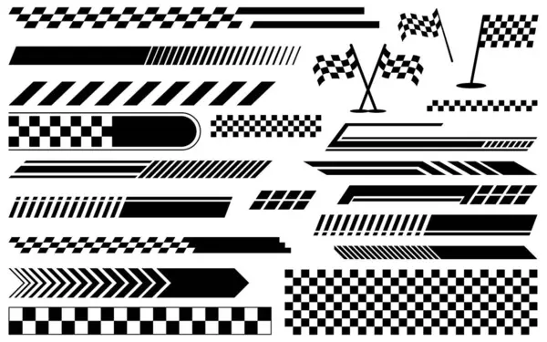 Yarış çizgili set işaretli bayrak hızı yarış arabası çıkartma deseni koleksiyonu bitiş çizgisi motorsport dama tahtası siyah ve beyaz silüet grafik tasarımlar