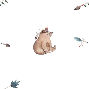 Taze yaban mersinli ve ayılı güzel, pürüzsüz desen. Açık mavi, mor ve yeşil el beyaz arkaplanda izole edilmiş suluboya elementler çizdi. suluboya ayıcık kumaş için kusursuz desen