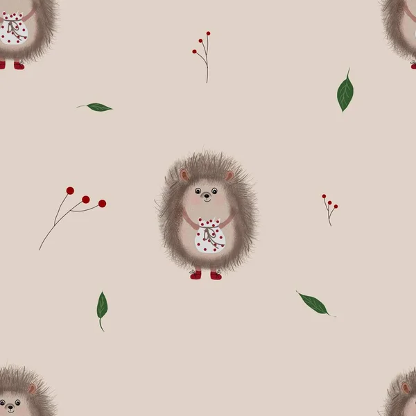 seamless pattern cute hedgehog for baby textile. repeating pattern for beautiful bedding, clothing, fabrics, packaging, printing. Hand drawn. Cute seamless pattern with hedgehog, beige background