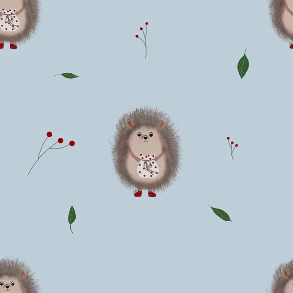 seamless pattern cute hedgehog for baby textile. repeating pattern for beautiful bedding, clothing, fabrics, packaging, printing. Hand drawn. Cute seamless pattern with hedgehog, blue background