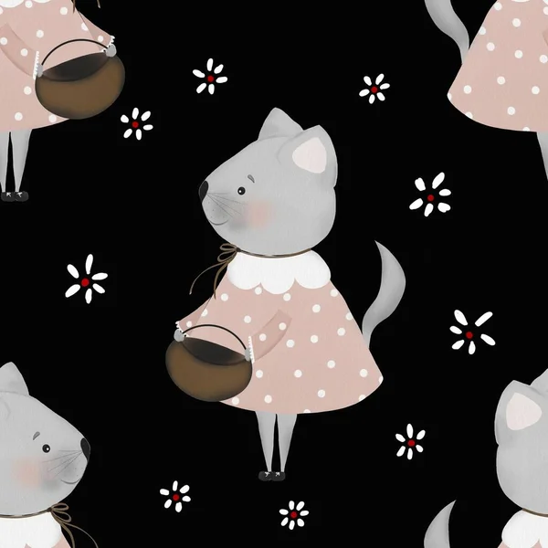 Seamless Repeat Pattern Cute Kitty Flowers Minimalism Retro Style Used — Stock Photo, Image