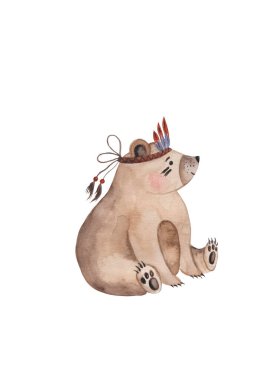 Şeffaf arka plandaki çocuklar için suluboya resimli oyuncak ayı, ayı yavrusu, Hint, boho. Çıkartmalar ve duvar çıkartmaları için sevimli oyuncak ayı. Afiyet olsun. Yüksek kalite fotoğraf