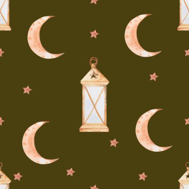 Kusursuz suluboya desenli fener, ay, yıldızlar. Ramazan bayramı için yeşil arka planda güzel bir desen. Müslümanlar için tekstil ve tekstil ürünleri. Tadını