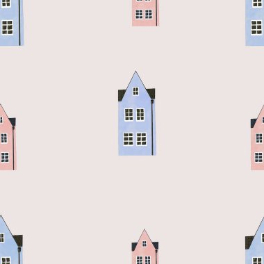 Kusursuz desenli çok renkli evler. Sevimli minimalist çocukların evi. Çocuk tekstil ürünleri, baskı, ambalaj için. Afiyet olsun. Yüksek kalite fotoğraf