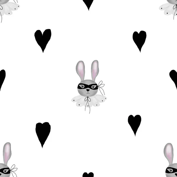 Seamless Pattern Cute Bunny Mask Collar Small Hearts Childrens Minimalistic — Stock Photo, Image