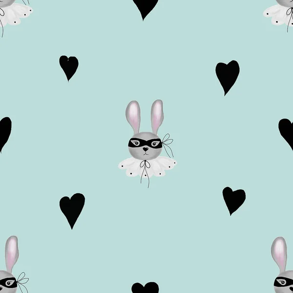 Kusursuz Desenli Maskeli Tasmalı Küçük Kalpli Şirin Bir Tavşan Çocuk — Stok fotoğraf