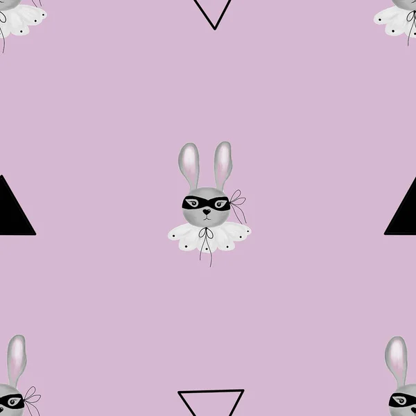 在一个小三角形的面具和领子上无缝图案可爱的兔子 儿童纺织品 包装纸 墙纸的简约图案 — 图库照片