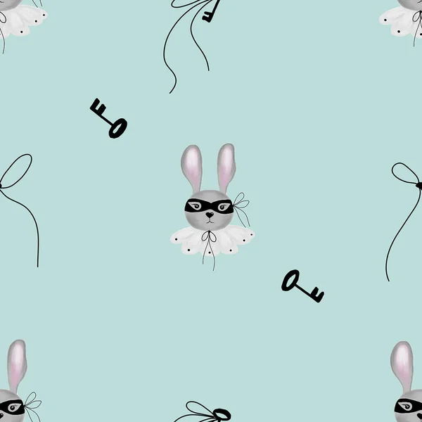 Küçük Anahtarlı Maske Tasmalı Kusursuz Desenli Şirin Tavşan Çocuk Tekstil — Stok fotoğraf