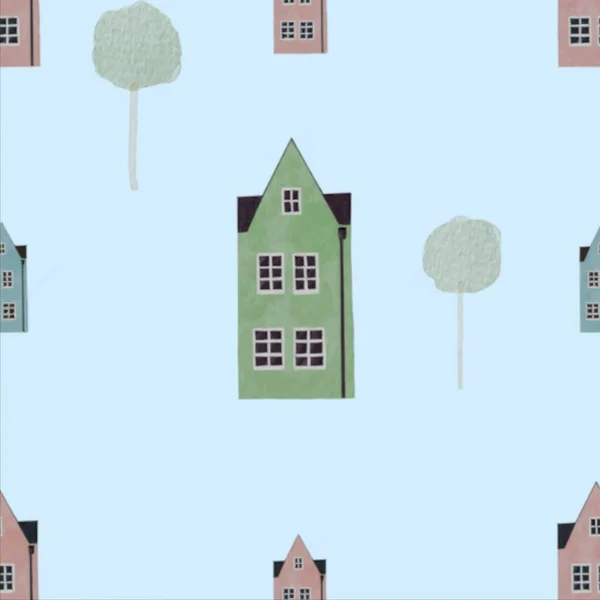 无缝图案五彩斑斓的房子 可爱的极简主义儿童的住房模式 用于儿童纺织品 高质量的照片 — 图库矢量图片