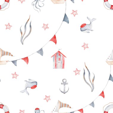 Suluboya desensiz deniz teması. Yelkenli, deniz evi, balina, çapa, bayraklar, deniz yosunu, cankurtaran yosunu ile tekrar eden deniz dokusu. Çocuk tekstil için karikatür biçiminde duvar kağıdı tasarımı
