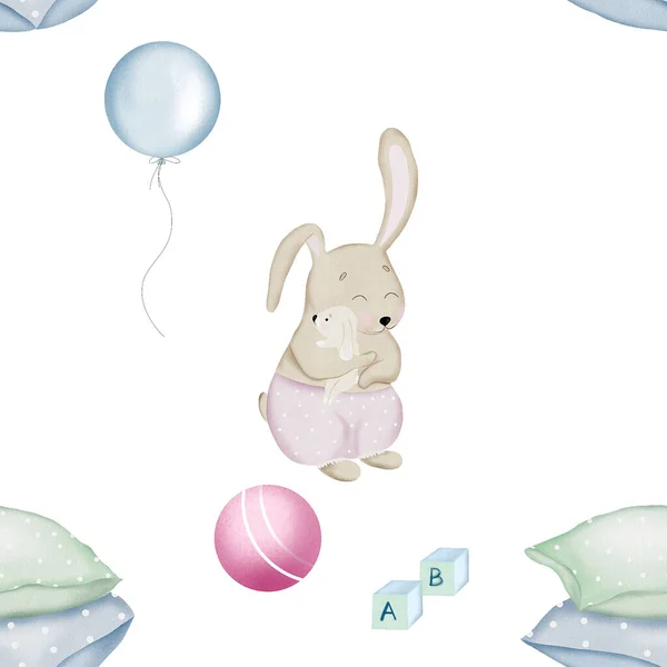 Seamless Pattern Bunnies Mom Baby Cute Childish Pattern Bunnies Pillows — Stock Photo, Image