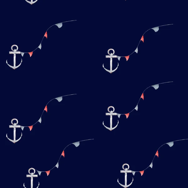 海をテーマにした水彩のシームレスなパターン アンカーや旗が濃い青の背景に描かれています 子供の織物 プリント 壁紙に最適なパターンです 高品質の写真 — ストック写真