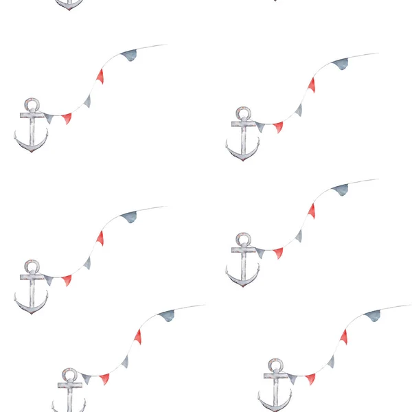 Bezszwowy Wzór Akwareli Temat Morski Wzór Dla Dzieci Kotwicami Flagami — Zdjęcie stockowe