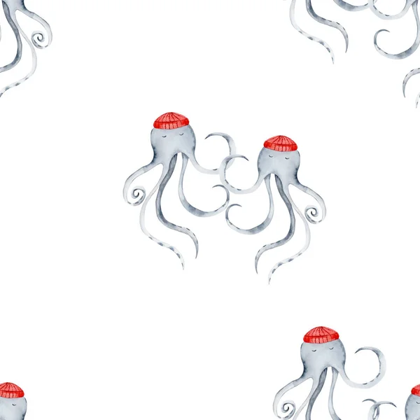watercolor seamless pattern on the marine theme. cute dancing octopuses in red caps. childrens pattern for textiles, printing, wallpaper. High quality photo