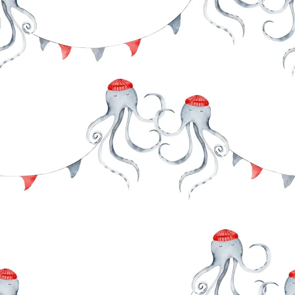 watercolor seamless pattern on the marine theme. cute dancing octopuses in red caps with flags. childrens pattern for textiles, printing, wallpaper. High quality photo